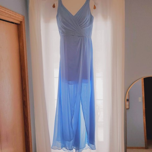 Alfred Angelo Chiffon Light Blue Bridesmaid or Grad Dress with Sequin Belt Sz 8 - Picture 2 of 9